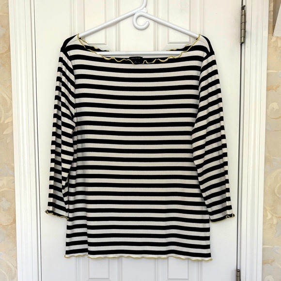 Ann Taylor Striped Black & White Top with Ruffled Edges in Yellow Contrast. EUC - Picture 1 of 7